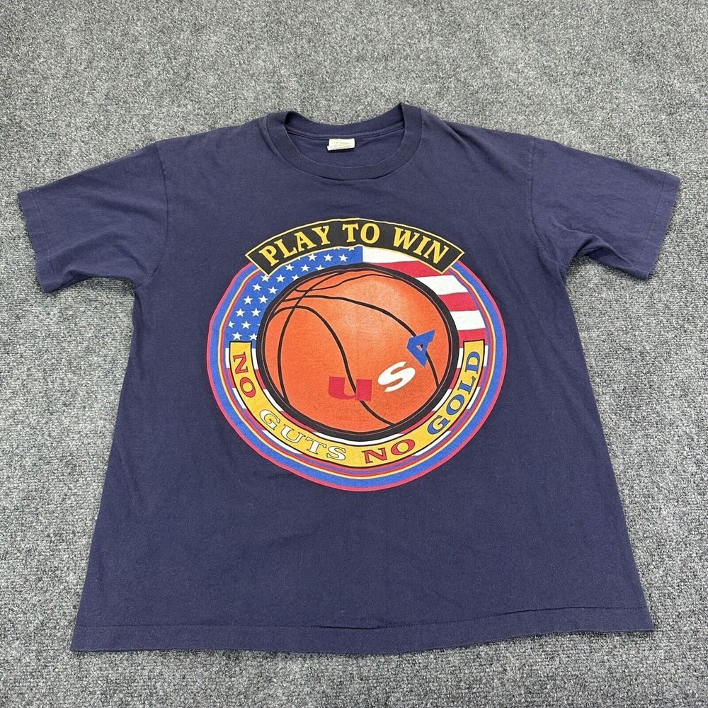 Vintage 90s College Ware Basketball T Shirt Men L Navy Single Stitch Made In USA